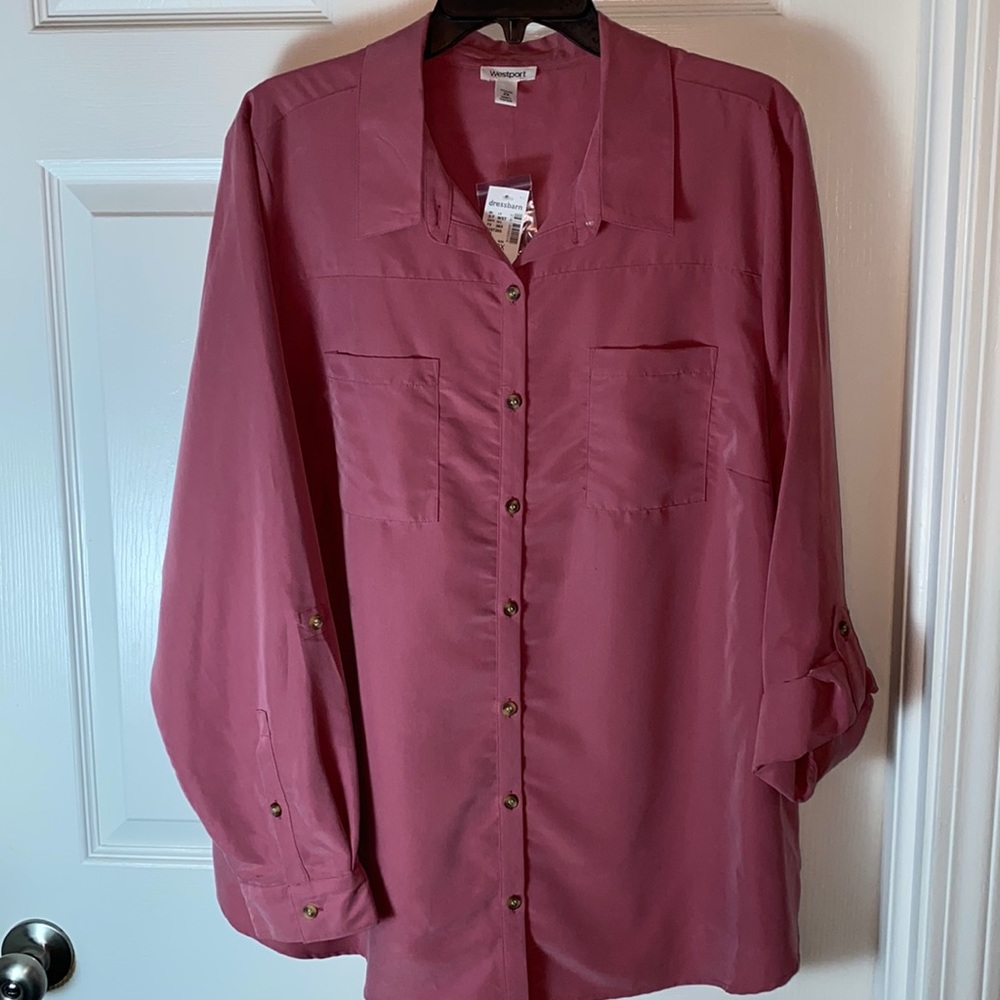 Westport Woman’s Button up Top with roll up sleeves Rose Pink Plus Size 2x